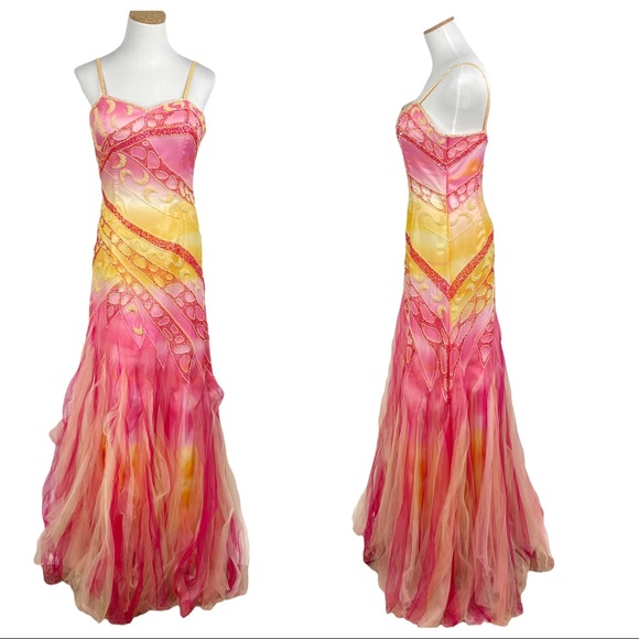 Vintage Dresses & Skirts - LA FEMME Paris Silk Princess Beaded Dress Formal Gown Ombre Coral Pink Yellow